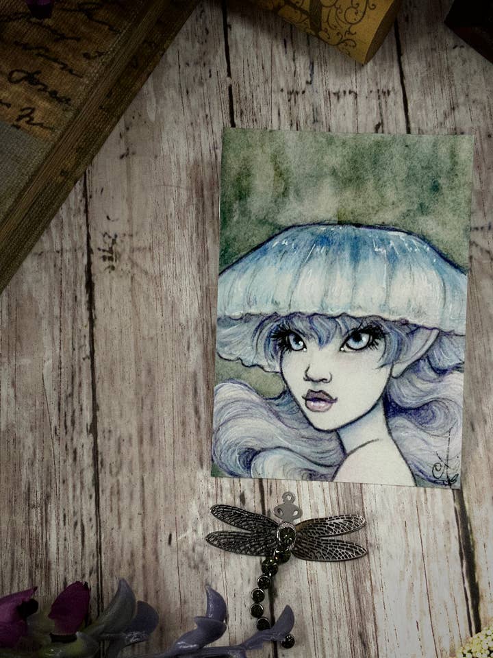 Funguary’s Pixie Patasol Mushroom Faerie ACEO Print for wholesale by Faeries of Glittering Glen