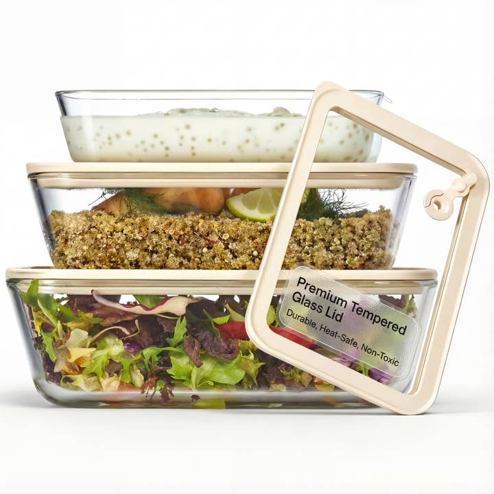 Kook Glass Storage Container Set, with Lids, Clear/Sand for wholesale by Kook