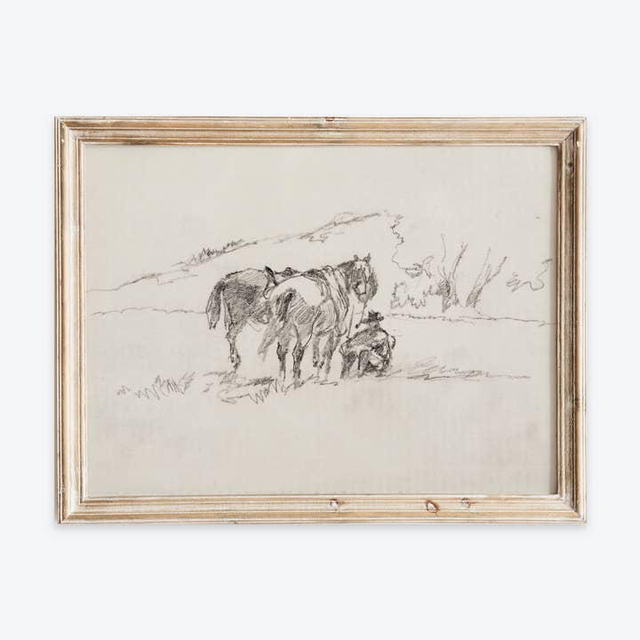 Art imprimé de croquis au crayon de chevaux vintage dans la nature VP246 pour la vente par Sugar & Canvas
