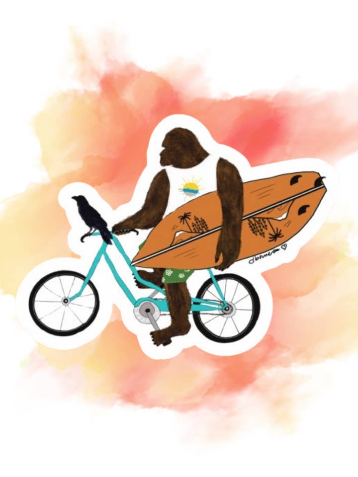 Bigfoot on Bike with Surfboard & Crow – Matte Die Cut Sticker for wholesale by Color Crumbs Club