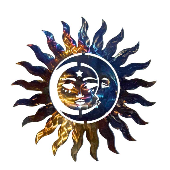 Sun and Moon Metal Wall Art – 16" – Heat Painted Steel for wholesale by Winter Moon Gifts