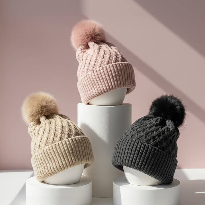 Arya Jewellery Wholesale – wholesale Beanie – Women's – Cable Knit Fluffy Bobble Hats Pack of 120