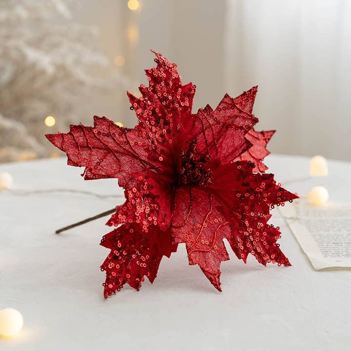 Sweet Home Deco - Wholesale Christmas decoration - 8''W Fabric Poinsettia Flower, Sparkled Christmas Poinsettia4