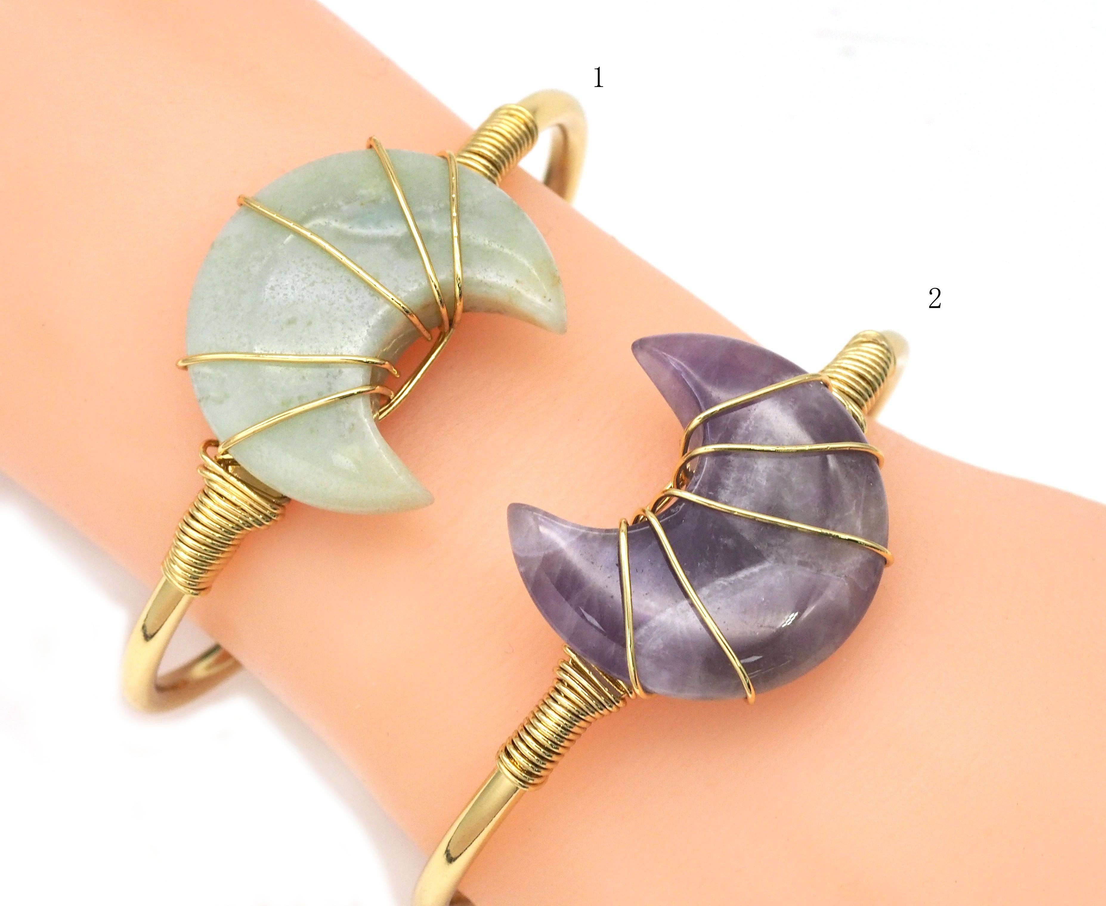 BestBeads&Beyond - Wholesale Cuff Bracelet - Gemstone Moon Shape Wire Trapped Cuff bracelet, sku#LY256