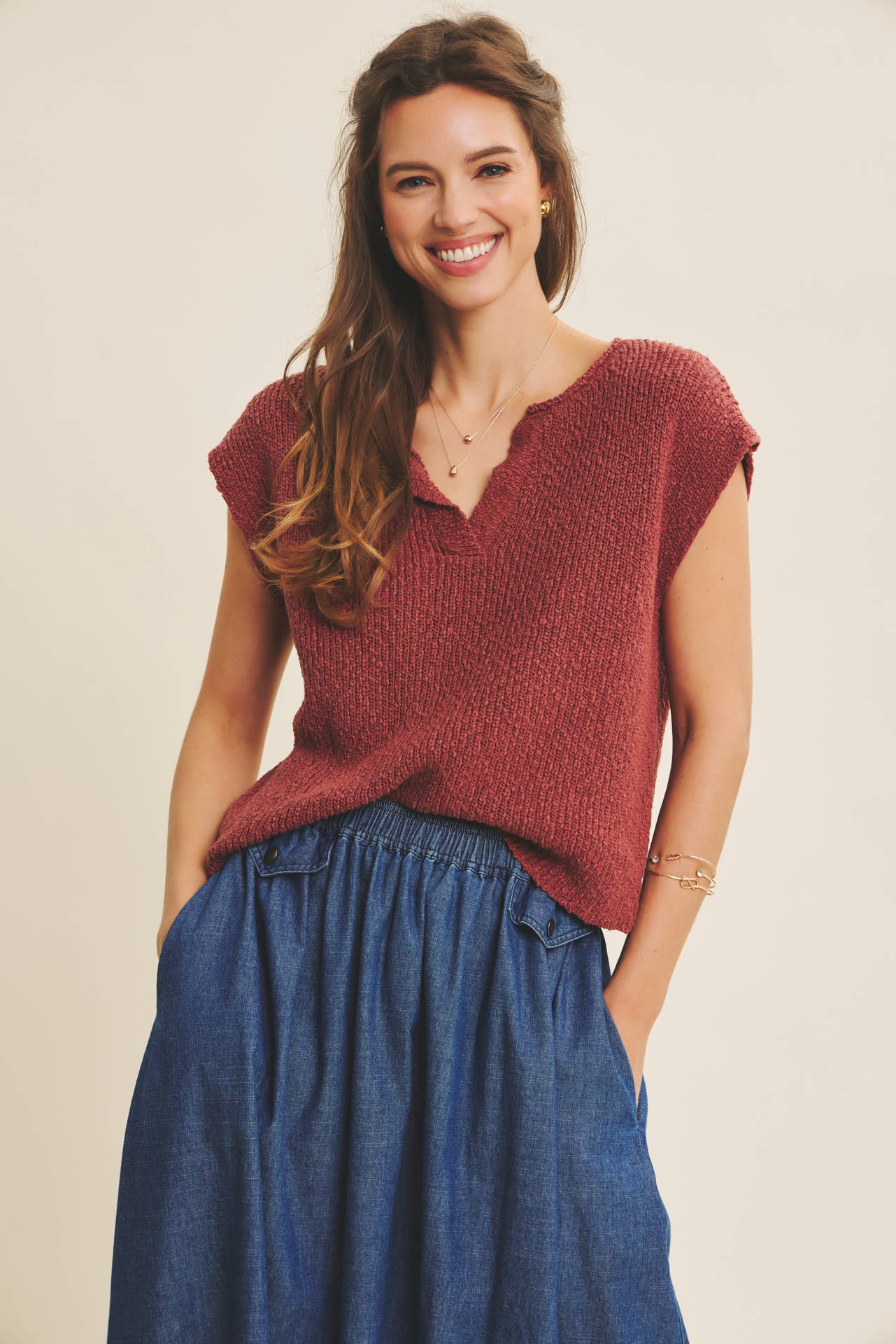 in february - Wholesale Knit Sweater - Women's - RELAXED FIT SLUB KNIT SWEATER TOP WITH SPLIT NECK50