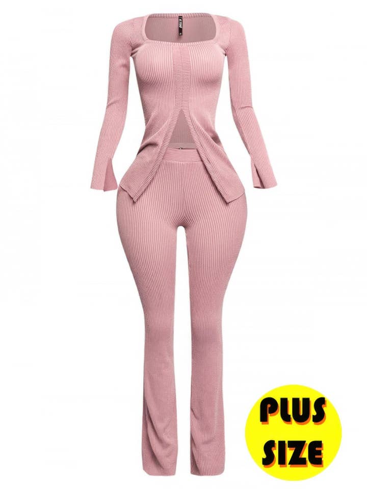 Plus Size Ribbed Pant Set With Slit Detail for wholesale by CC Wholesale Clothing