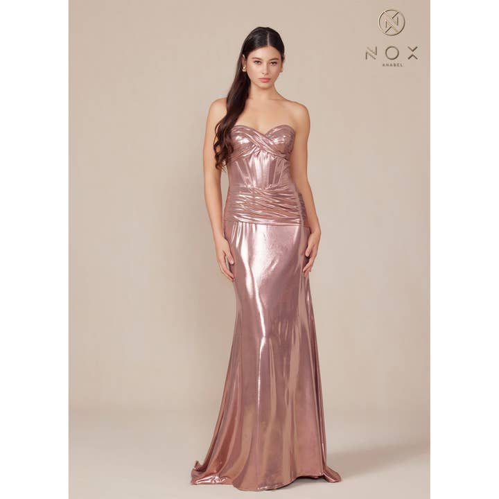 Vestido Metálico Plissado com Atacadores Sem Alças T1499 por atacado de Noxanabel