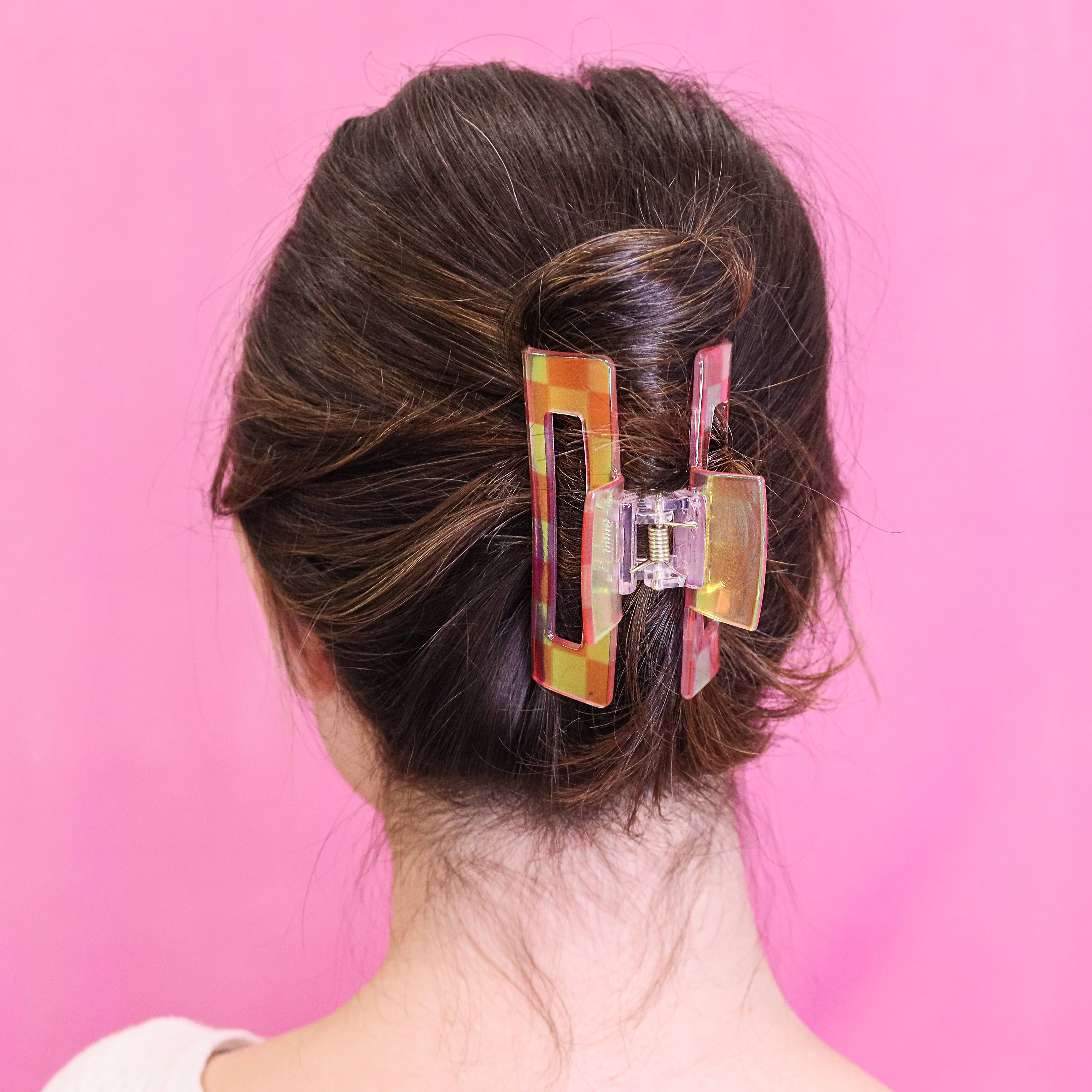 Frog Sac - Wholesale Hair Clip - Women's - Medium Square Iridescent Checkered Hair Claw Clip3