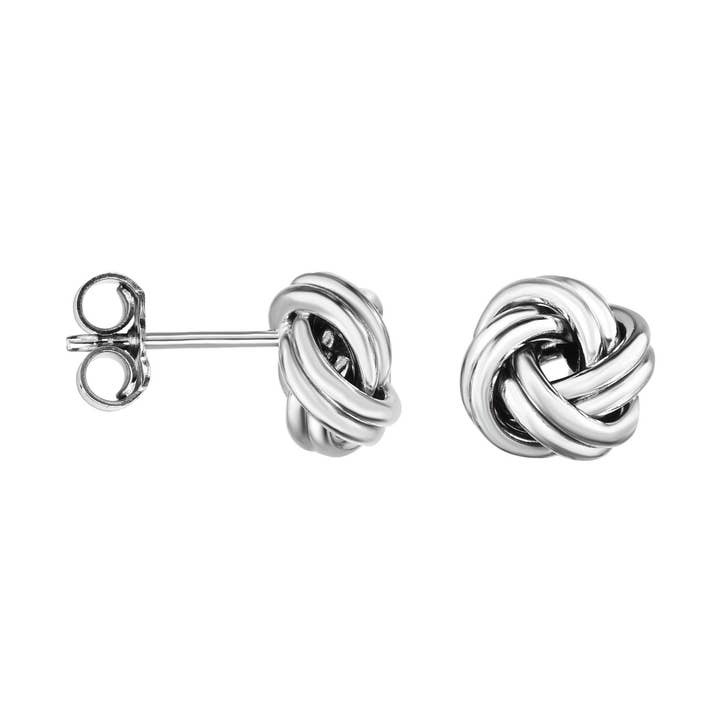 Boucles d'oreilles TBR brillantes avec nœud d'amour et fermoir à pousser, finition blanche, couleur or 14 carats pour la vente par The Diamond Deal