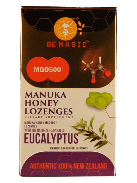 Pastilles MGO 500+ Miel de Manuka et Eucalyptus, 15 ct. pour la vente par Bee Magic