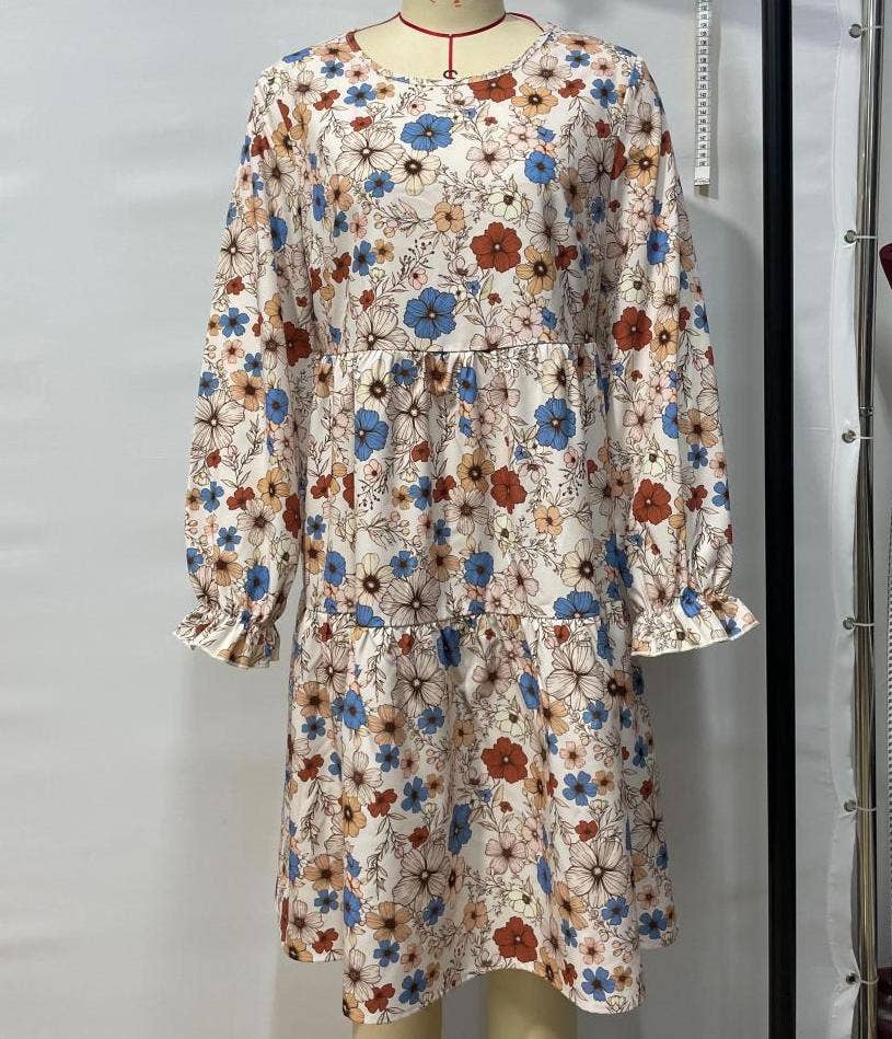 Apricot Floral print bohemian long-sleeves babydoll dress for wholesale on Faire0