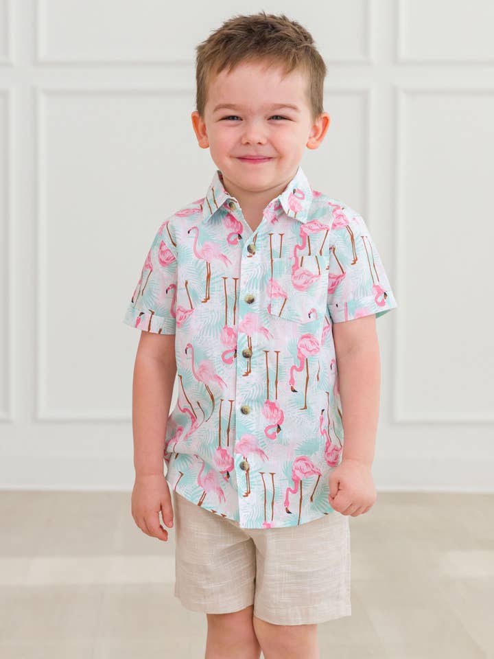 Multi Color Boys Vibrant Flamingo Short Sleeve Button Down Shirt for wholesale on Faire