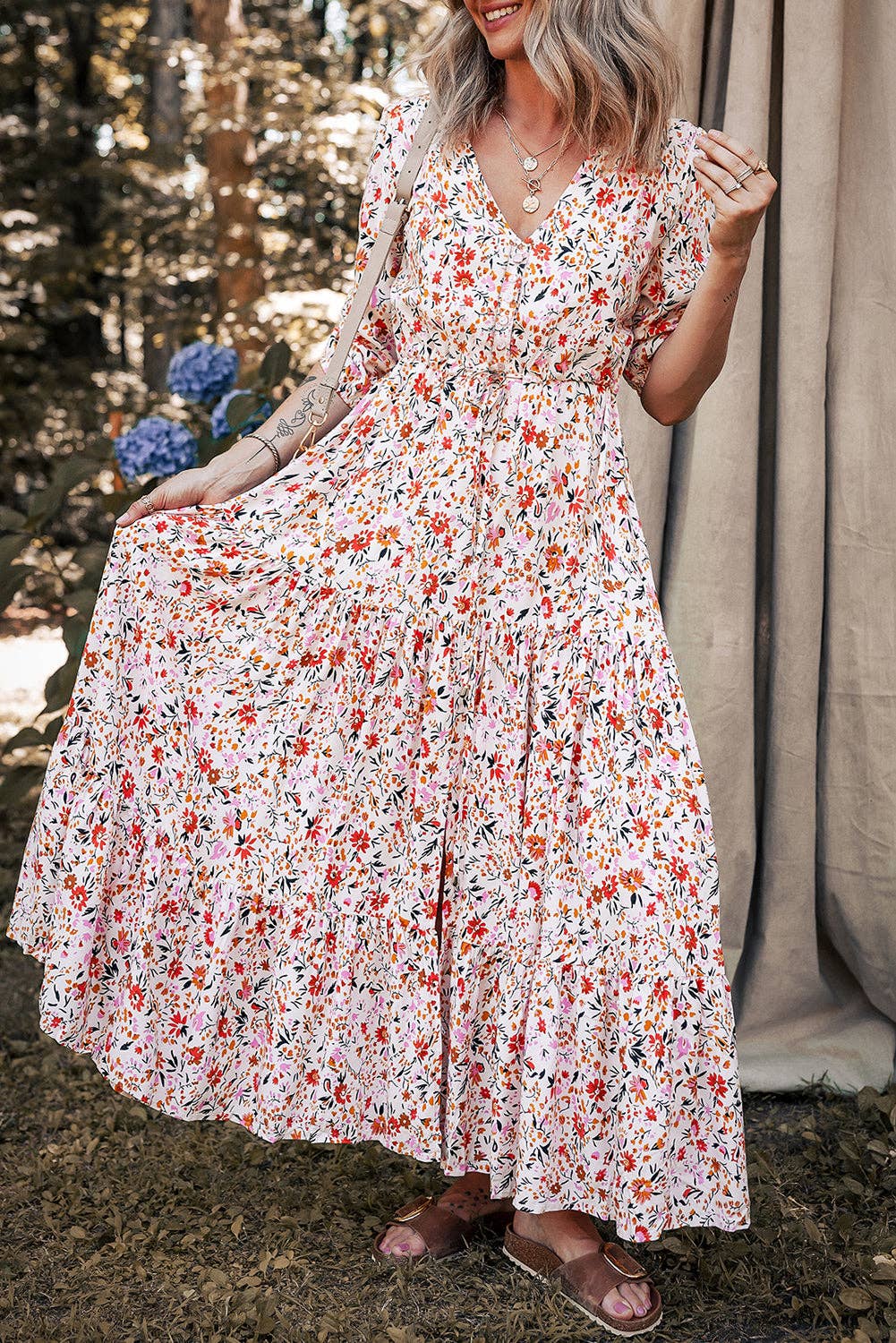 Red Boho Floral V-Neck Maxi Dress for wholesale on Faire1