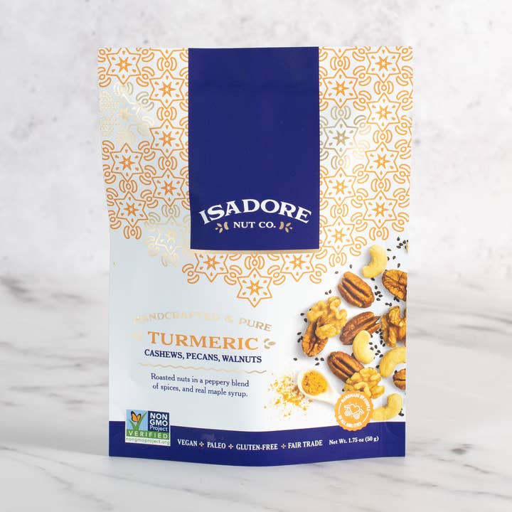 Turmeric: Roasted Cashews, Pecans, Walnuts- 1.75 oz- Non-GMO for wholesale by Isadore Nut Company