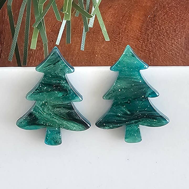 Christmas Tree Studs - Green Shimmer // Holiday, Jewelry, Earrings for wholesale by Spiffy & Splendid