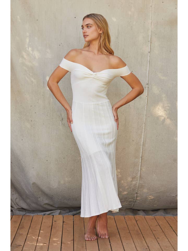 WHITE CD9340 - Leah Off Shoulder Crisscross Knit Dress for wholesale on Faire