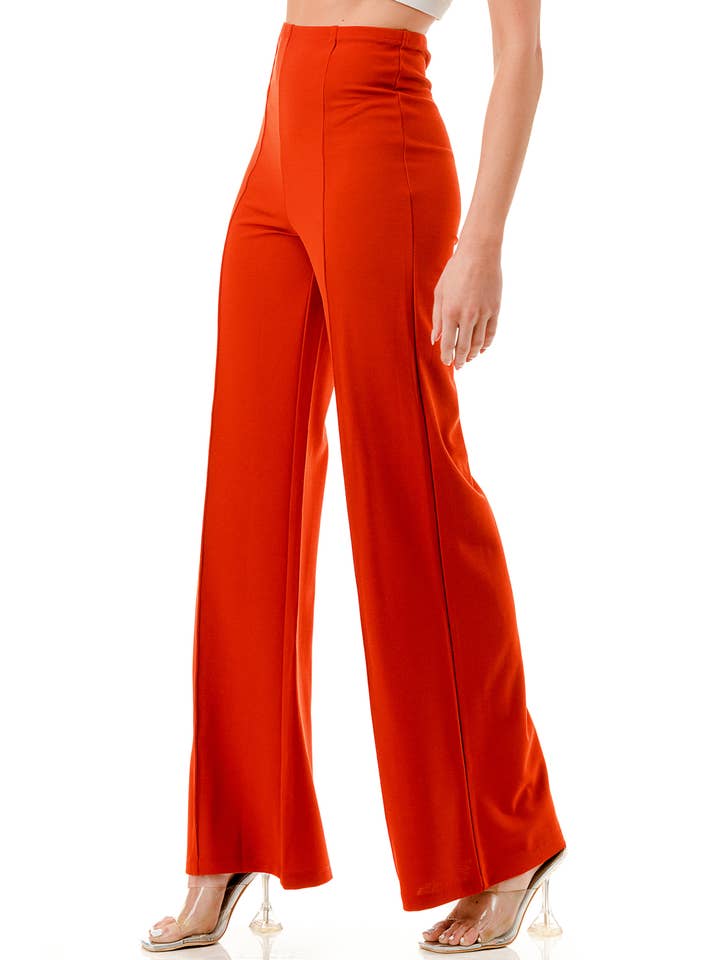Color 5 - Wholesale Pants - Women's - Solid color wide leg high waist dressy pants with trim line