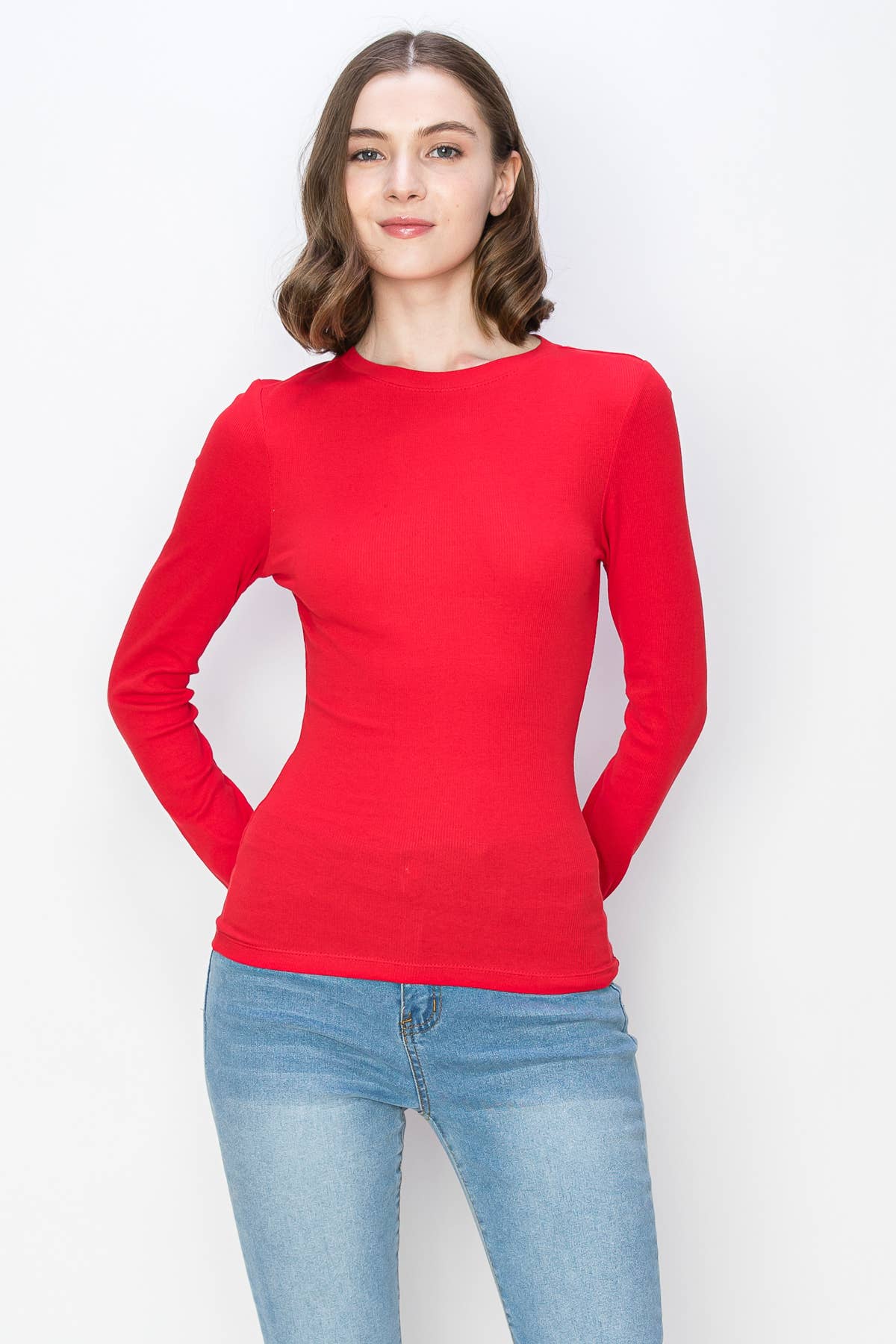 Color 5 – Großhandel T-Shirt – Damen – Unifarbenes, geripptes Langarm-Shirt aus Baumwolle mit Rundhalsausschnitt12