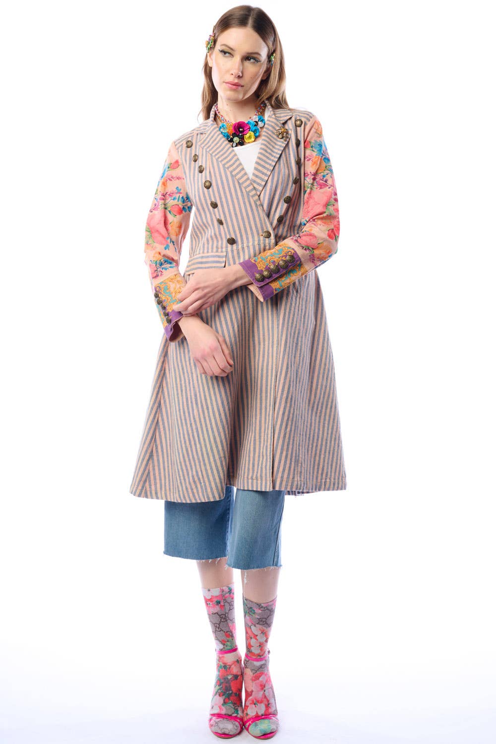 Tevask/Blå Striber Combo Sømandens Kærlighedsfrakke | Stribet Lang Frakke | Blomstret Ærmefrakke for engroshandel på Faire0