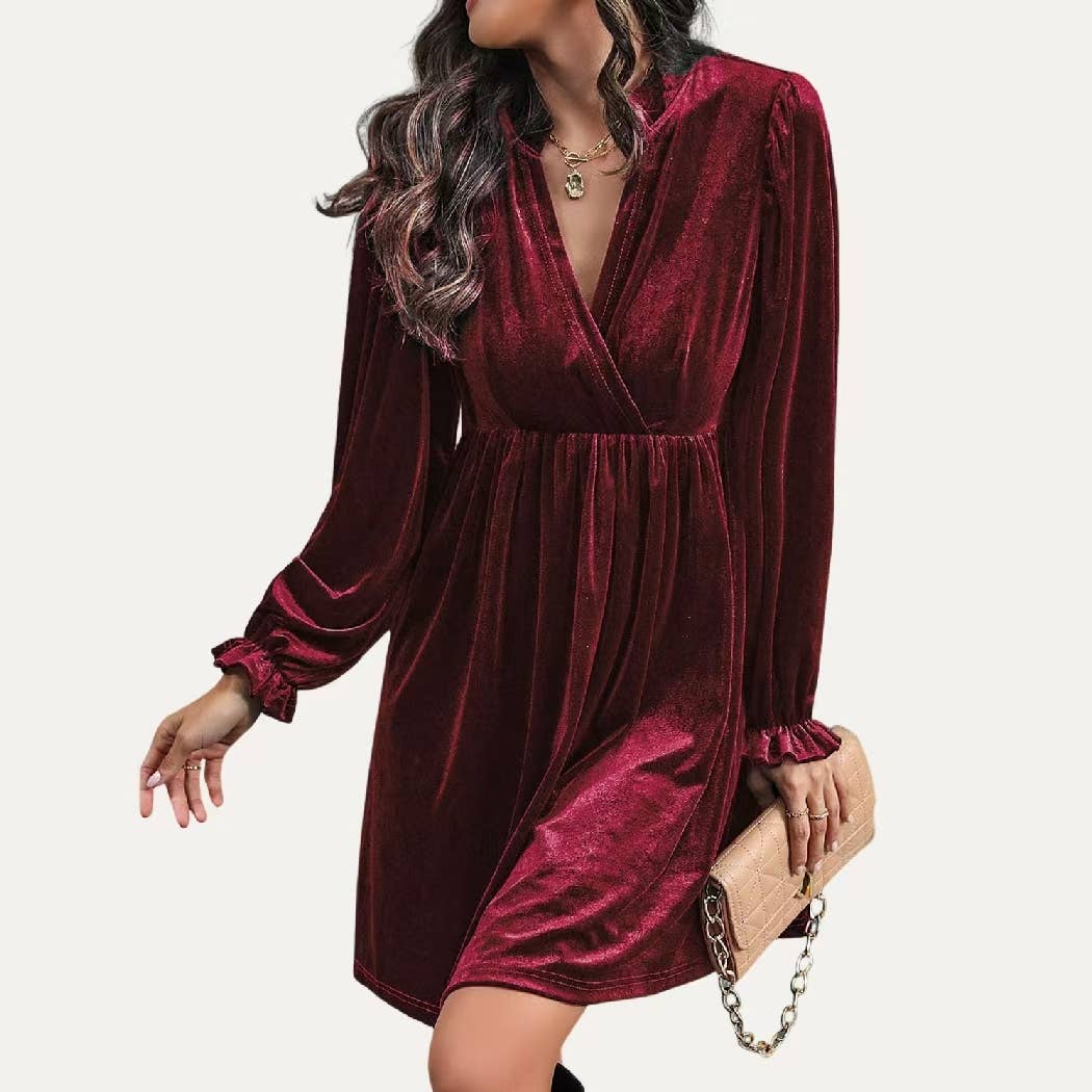 The Moment Collection - Wholesale Dress - Women's - Charming Cutie Velvet Surplice Neck Relax Fit Mini Dress9