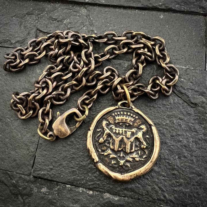 Johnny Ltd. – Colar pingente/pendente por atacado – Colar de selo de cera masculino com coroa, bronze antigo