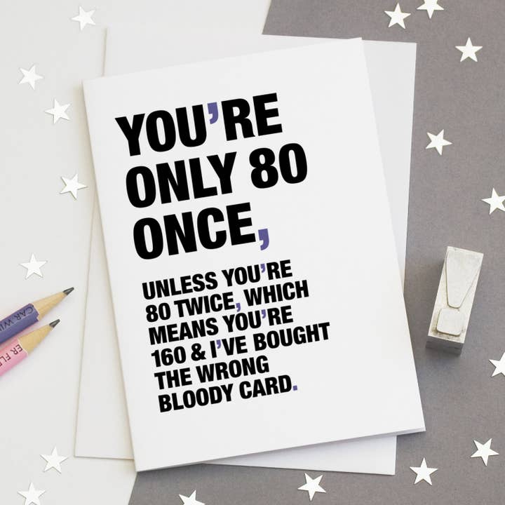 Carte d'anniversaire drôle 80 Once pour la vente par Wordplay Design