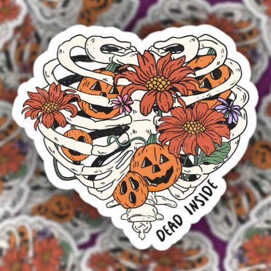 Halloween Sticker, Dead Inside, Fall Florals Skeleton Heart for wholesale by Pretty Toxic Stickers