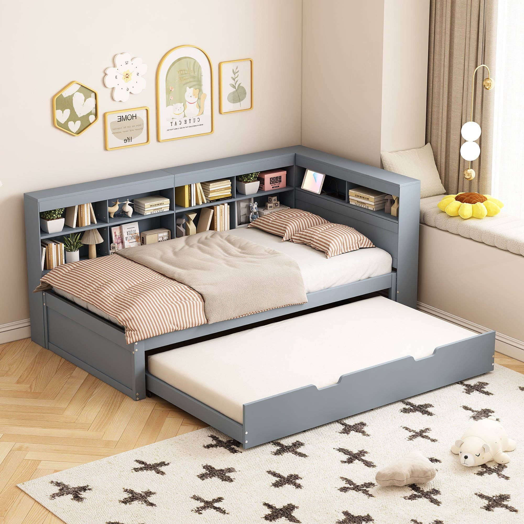 Urban Meuble - Wholesale Bed - Solid wood trundle bed gray 90*200 with USB port and multiple storage GIRCAET5