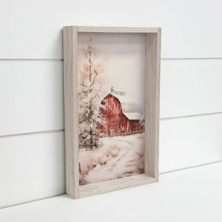 Hangout Home - Vendita all'ingrosso Stampa artistica - Snowy Winter Red Barn - Arte su tela con scena invernale - incorniciata3