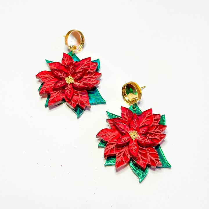Poinsettia Holiday Glitter Dangle Earrings - multiple colors for wholesale by Hazel & Ollie