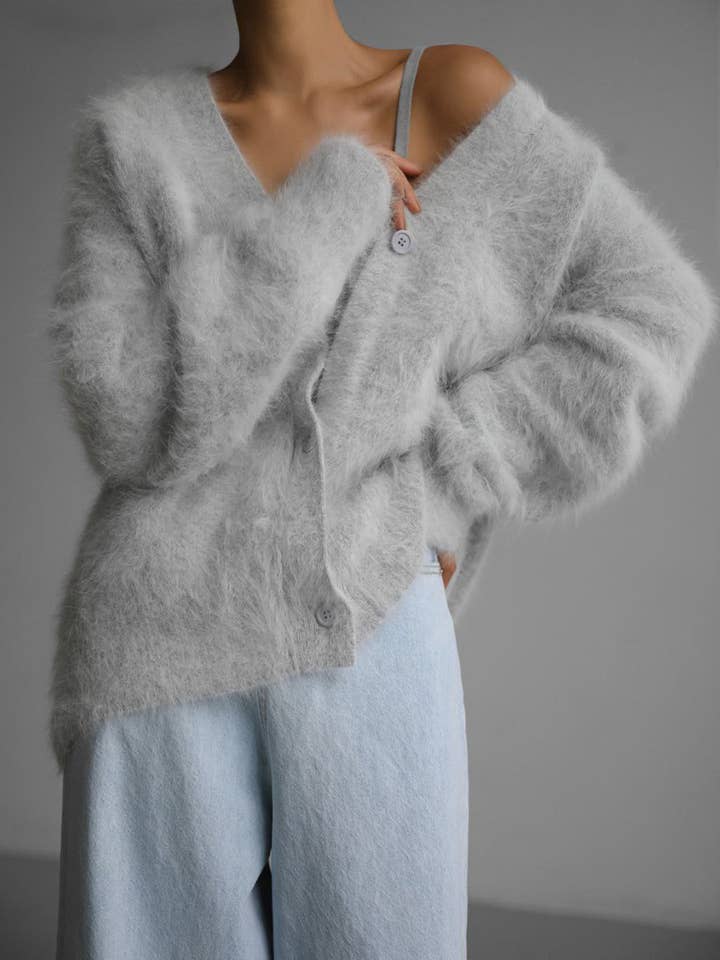 Rosa Clothing - Wholesale Cardigan - Women's - Fluffy V-neck Button-down sweater Cardigan