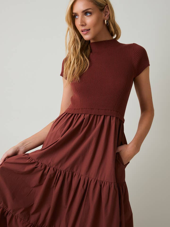 Sunday Edition by LE LIS - Wholesale Dress - Women's - MOCK NECK SHORT SLEEVE KNIT & WOVEN MIX TIERED MIDI DRESS10