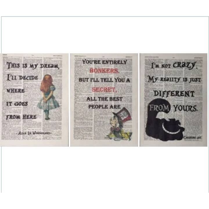 3 X Alice In Wonderland Dictionary Print - Mad Hatter Art for wholesale by Parksmoonprints