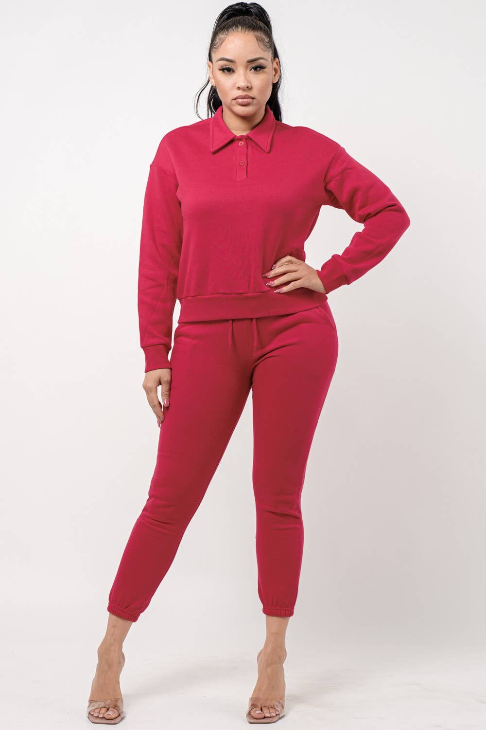 Boswell – wholesale Lounge set – Women's – Solid Jogger Set With Collar Long Sleeve Top2