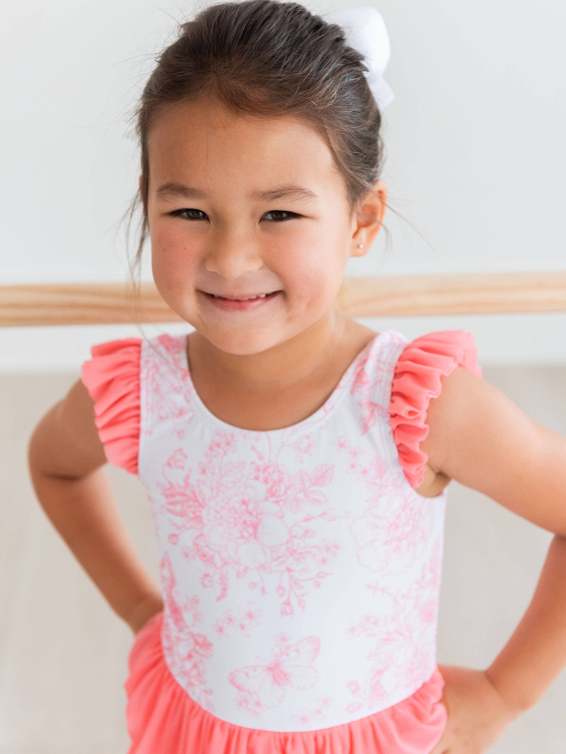 Girls Bubblegum Pink Butterfly Garden Toile Flutter Sleeve Dance & Gymnastics Leotard for wholesale on Faire8