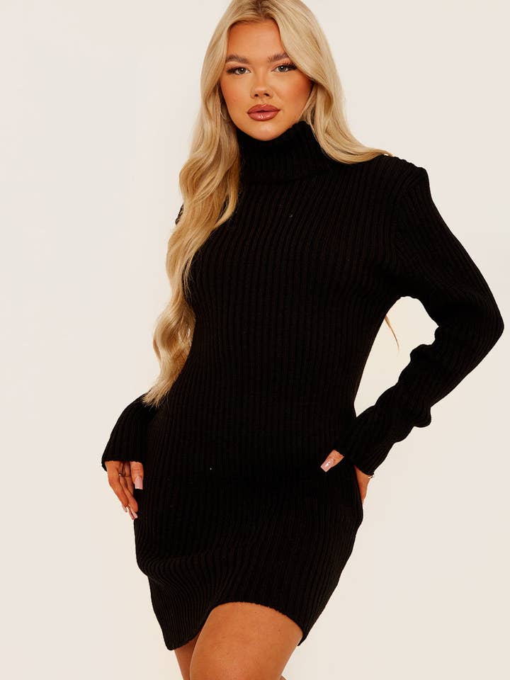 Ribbed Knitted Roll Neck Bodycon Dress for wholesale by Stylewise Direct