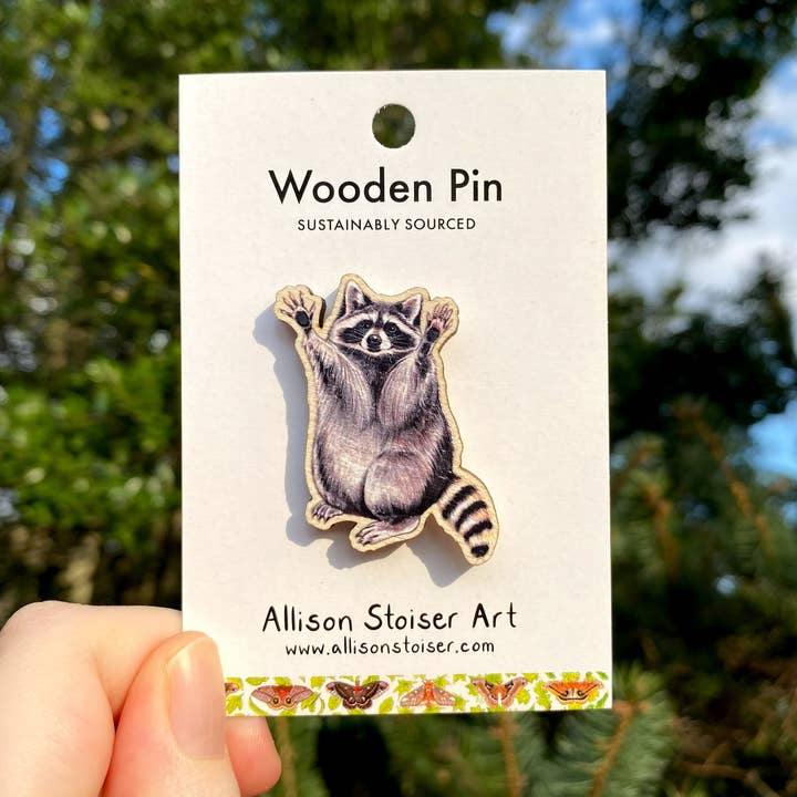 Raccoon Wooden Pin (Sustainably Sourced) for wholesale by Allison Stoiser Art