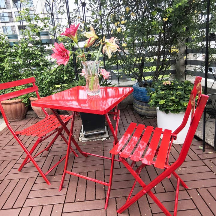 39F Inc. - Wholesale Patio Set - 3-Piece Red Foldable Metal Bistro Set with Square Table5