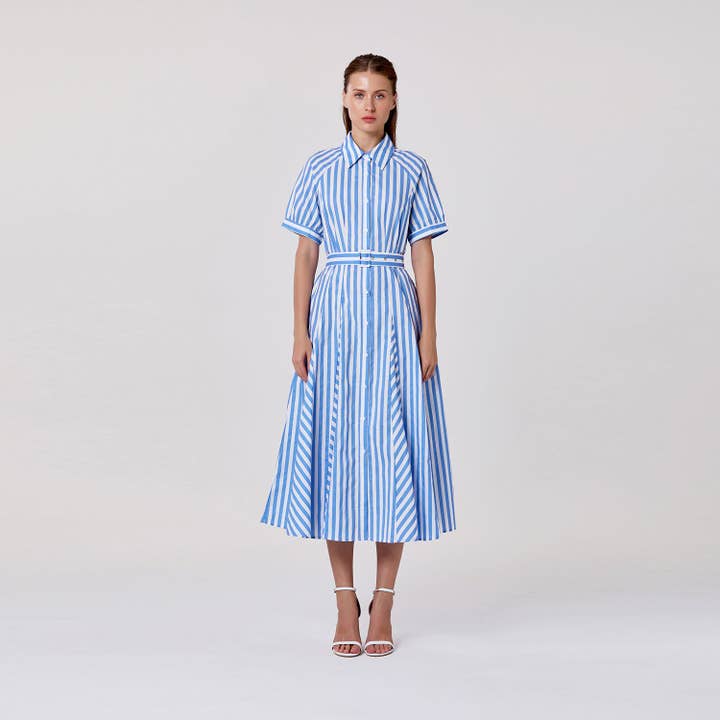Striped cotton shirt dress with belt for wholesale by Smart and Joy