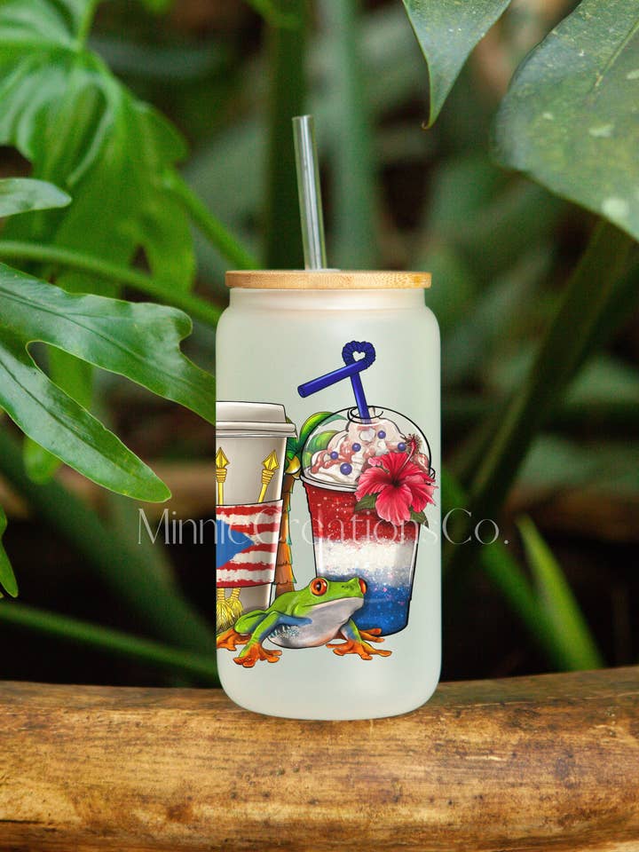Isla Del Encanto Glass Can cup | Puerto Rico Glass Can Cup for wholesale by Minnie Creations Co.