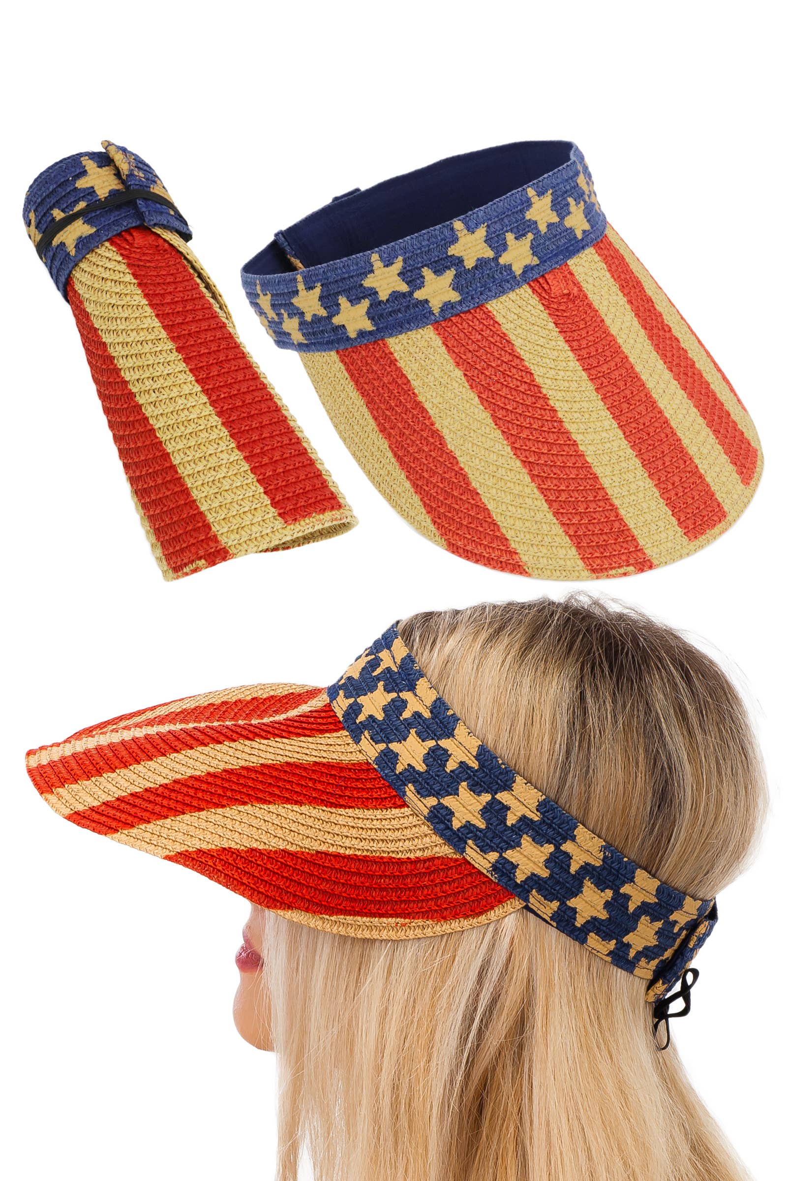 Cap Zone - Vente Visière – femme - Visière de soleil enroulable en paille de papier drapeau américain0