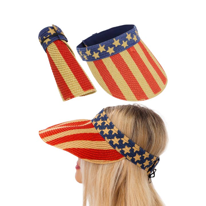 Cap Zone - Vente Visière – femme - Visière de soleil enroulable en paille de papier drapeau américain