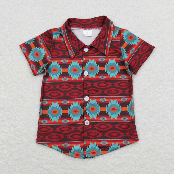 Baby Boys Western Wine Turquoise Aztec Short Sleeve Buttons Tee Shirts Tops for wholesale by Aier Wholesale