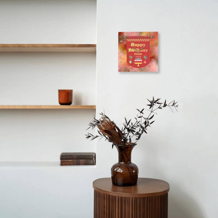 3dRose – wholesale Wall clock – 3dRose, Happy Birthday Cousin Banner, Cake with Gifts and Balloons, Wall Clock5