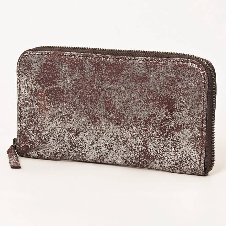 LS Western - Wholesale Wallet – Women's - ADBGZ776 Western Metallic Distressed Leather Wallet - Silver-Foiled Zip Clutch