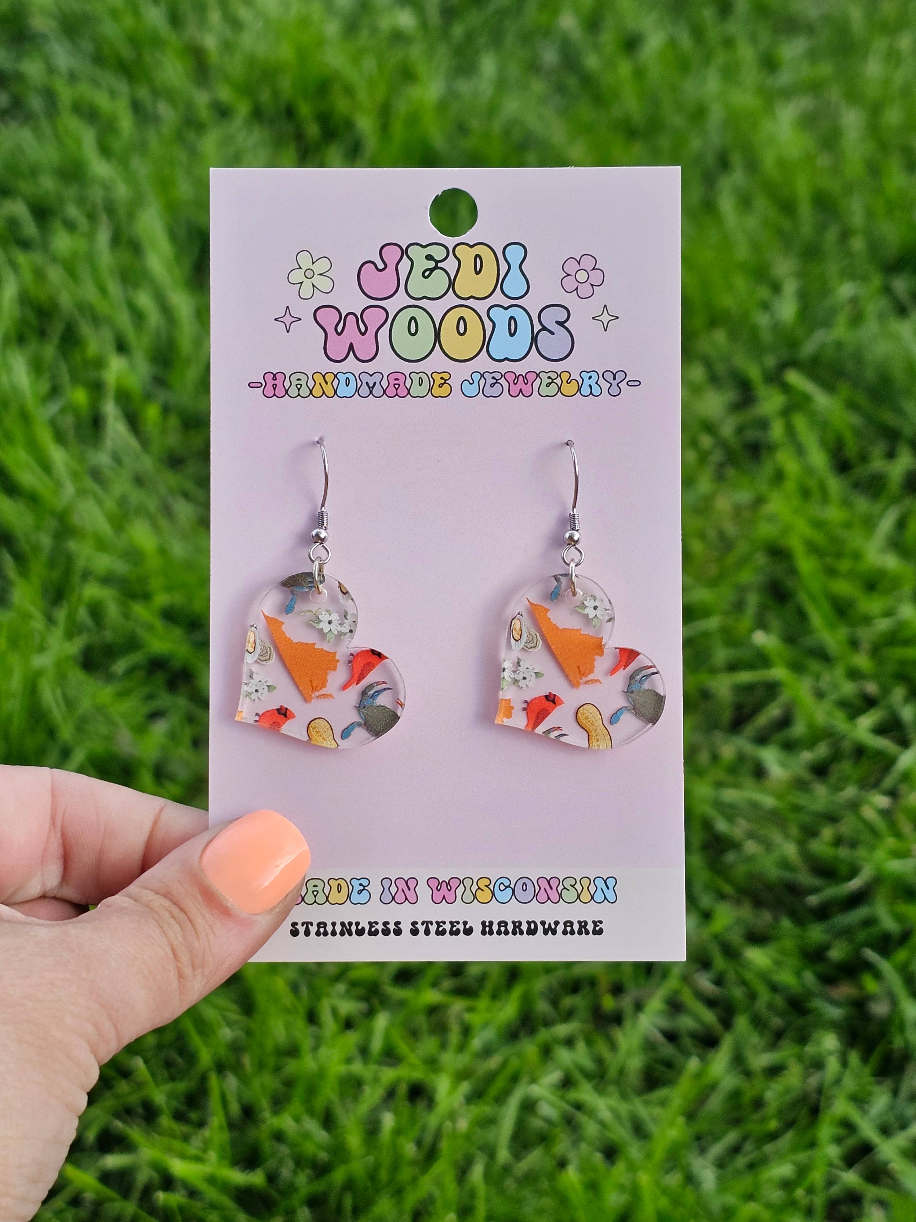 Jedi Woods LLC - Wholesale Dangle Earrings - Heart Shaped Virginia Themed Icon Earrings