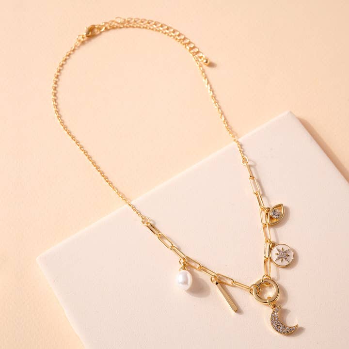 StarryNYC - Wholesale Pendant/Charm Necklace - Multi Charms Crescent Drop with Paperclip Chain Necklace