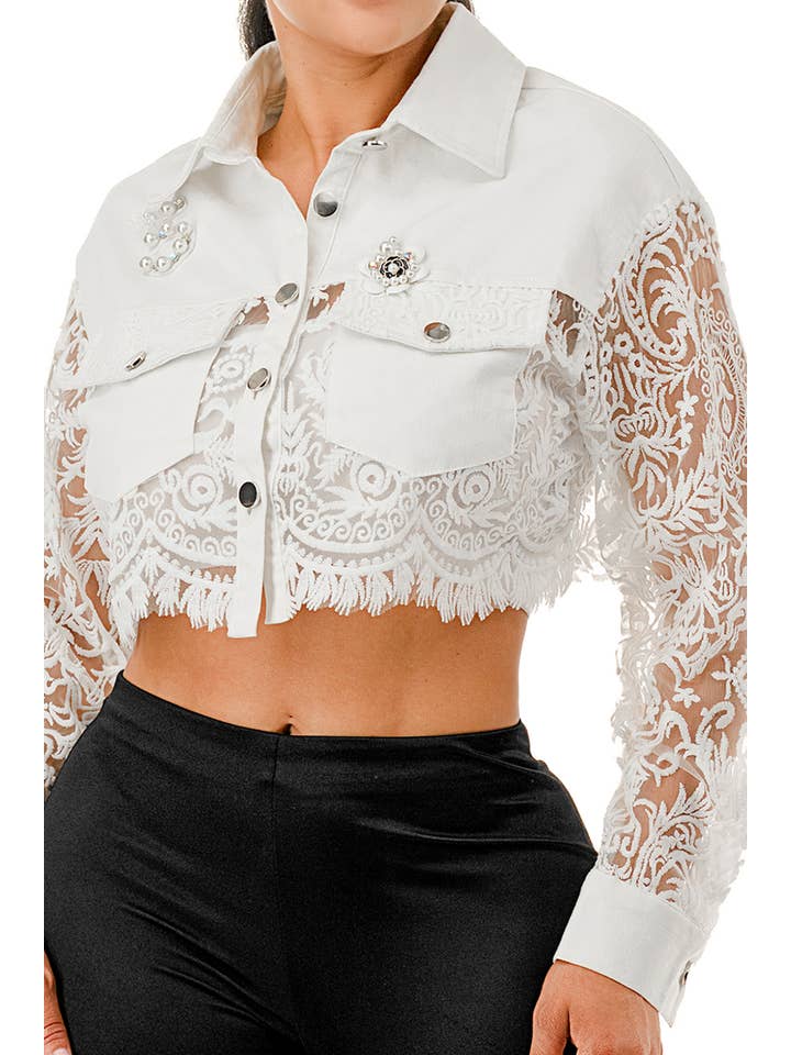 SALT - Wholesale Denim Jacket - Women's - (SJ5073)Pearl Brooch & Lace Sleeve Cropped Denim Jacket12