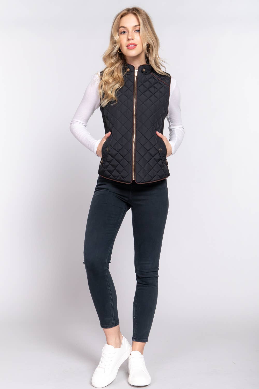 Active Basic | Active USA - Wholesale Outerwear Vest - Women's - Suede Piping Detail Rib Quilted Padding Vest4