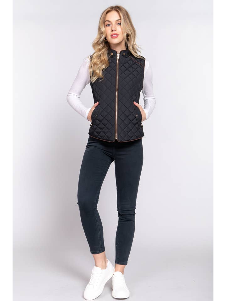 Active Basic | Active USA - Wholesale Outerwear Vest - Women's - Suede Piping Detail Rib Quilted Padding Vest51